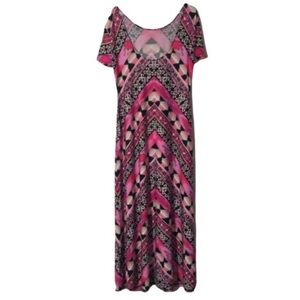 CATO Bright Pink And Black GEOMETRIC Print Maxi DRESS With SLIT Size LP
